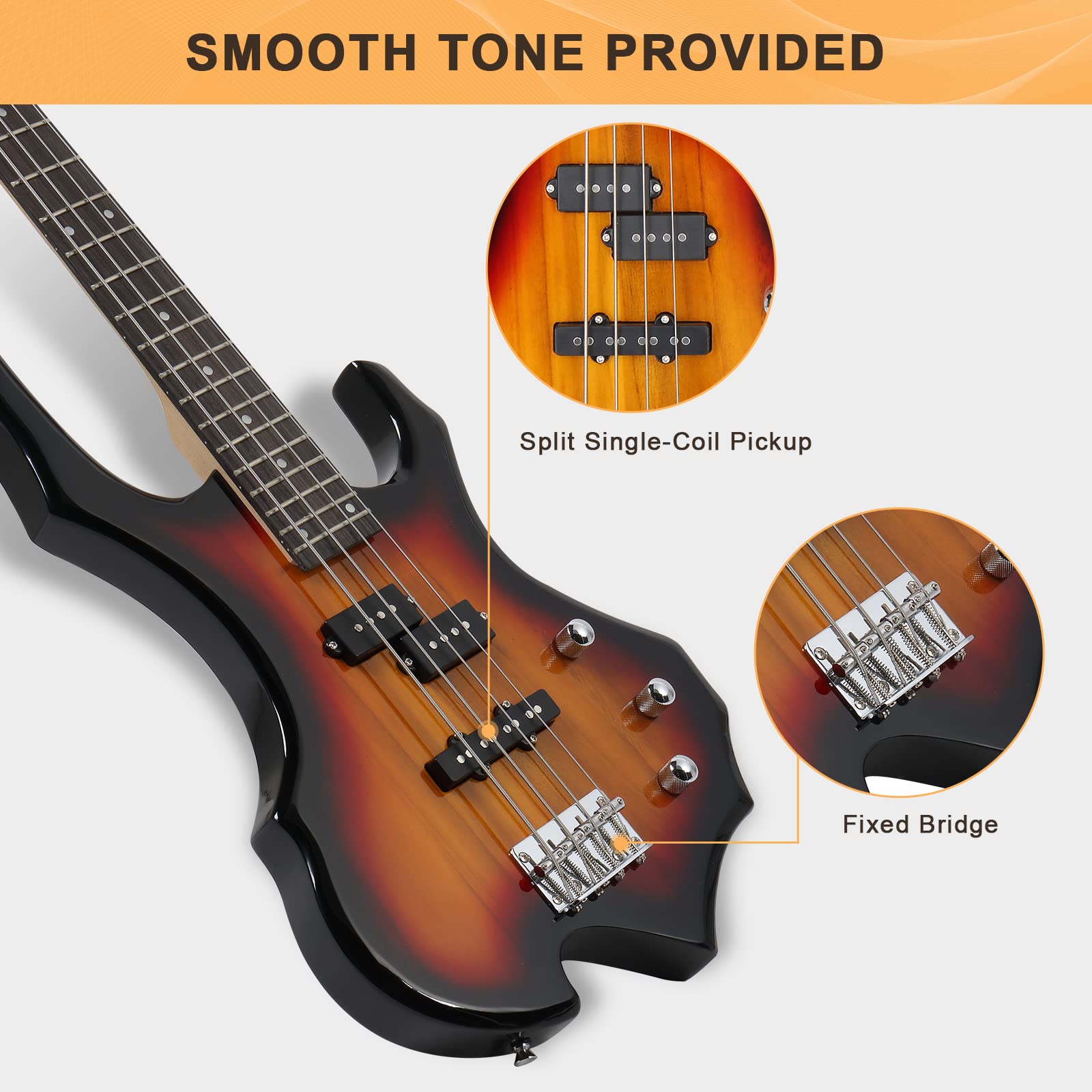 GLARRY Electric Bass Guitar 4 Strings Buring Fire Style Full Size for Beginner Right Hand with Bag, Strap and Accessories (Sunset) - Image 5